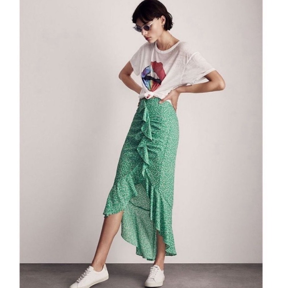 LIKELY Astrid Green Floral Ditsy Ruched High-Low Ruffle Midi Skirt Womens Size 6